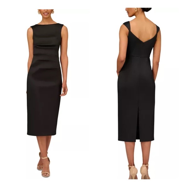 NWT Aidan Mattox Stretch Mikado Midi Sheath Dress Black Cocktail Size US 8